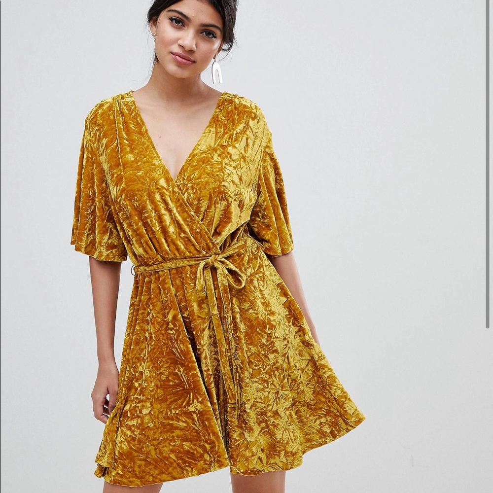 Velvet wrap dress gold mustard yellow